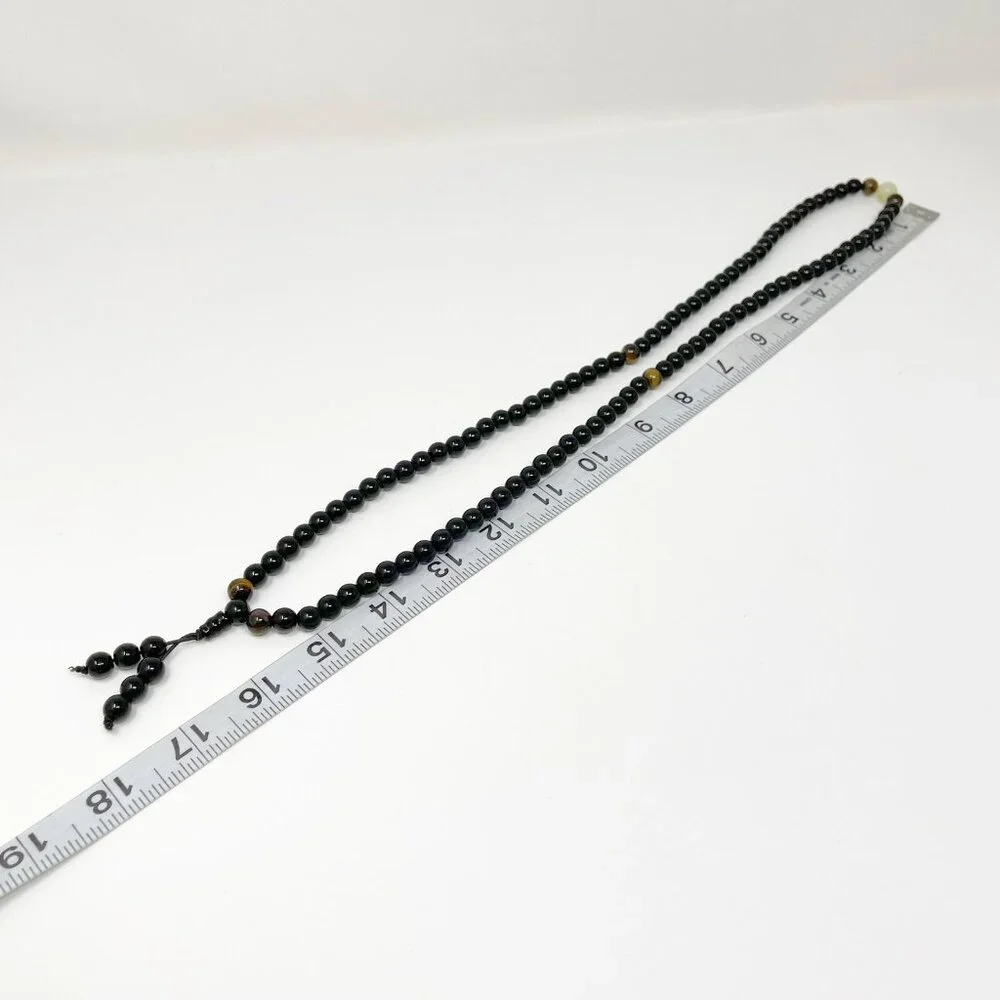 Black Beaded Mala Necklace with Tiger Eye & Gold Script Bead – 36” Prayer Beads